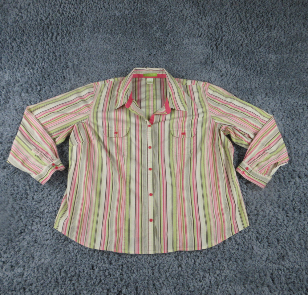 Sigrid Olsen Shirt Women 2X Pink Green Striped Long Sleeve Button Up
